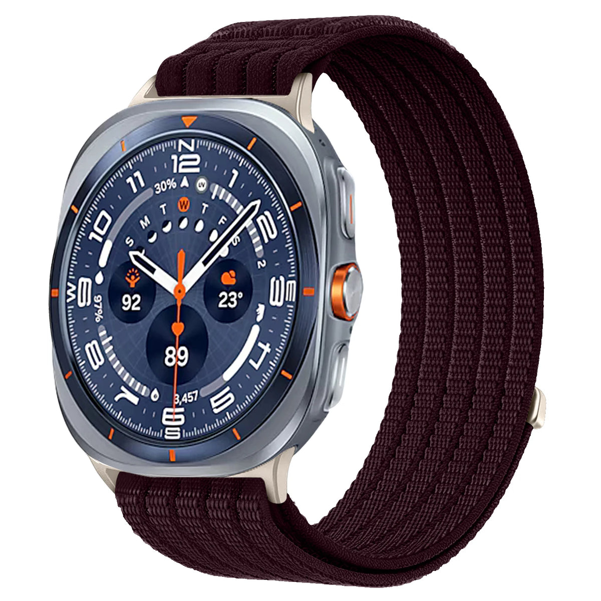 Samsung Galaxy Sport Nylon Woven Loop Watch Band – Watch8/Watch8 Classic/Watch9/Ultra/Ultra2 in Berry Purple with watch face.