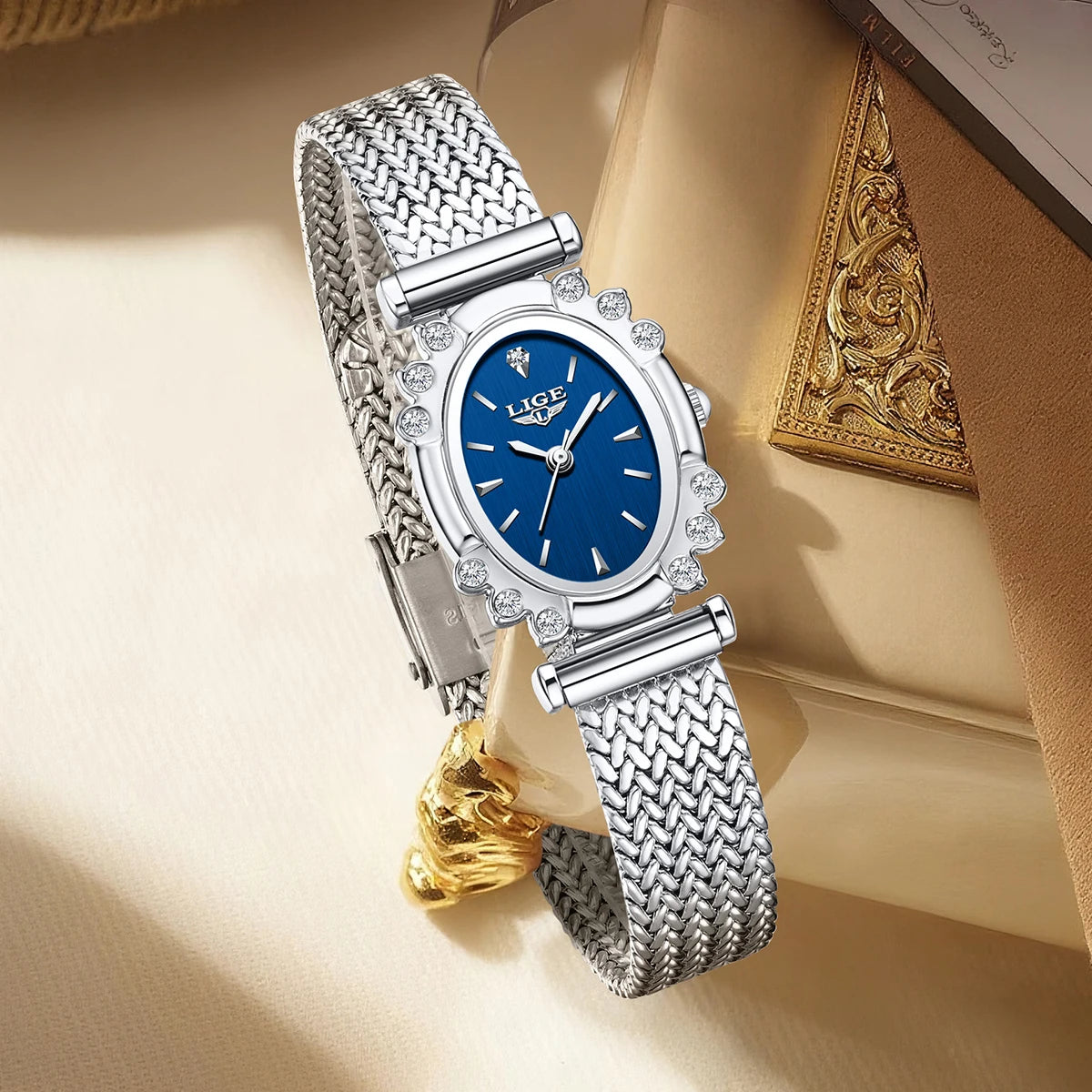 Women's Oval Crystal Bezel Mesh Watch — Blue oval watch with woven bracelet — BandsCo Straps