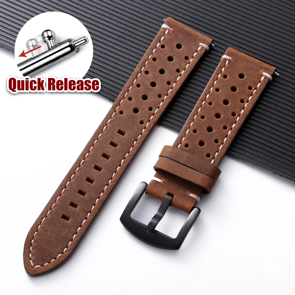 OnePlus Watch Band Quick Release Leather Strap Vintage Brown Wristband with quick release buckle detail.