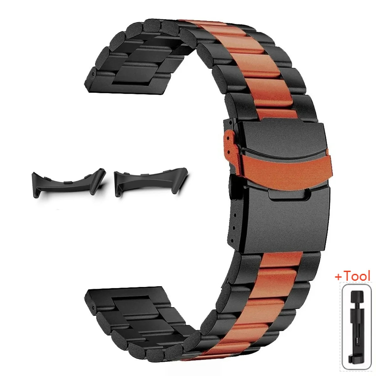 Black / Orange Google Pixel Watch 5, 4 and 3 45mm Titanium Link Band, Safety Clasp