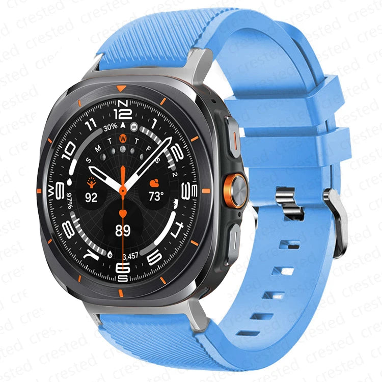 Samsung Galaxy Silicone Sport Watch Band - 20mm/Ultra+Ultra2 in light blue on a sleek smartwatch.