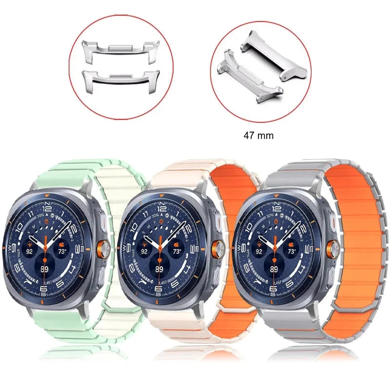 Samsung Galaxy Silicone Magnetic Watch Band Fits Watch8/Watch8 Classic/Watch9/Ultra/Ultra2 on display with various colors.