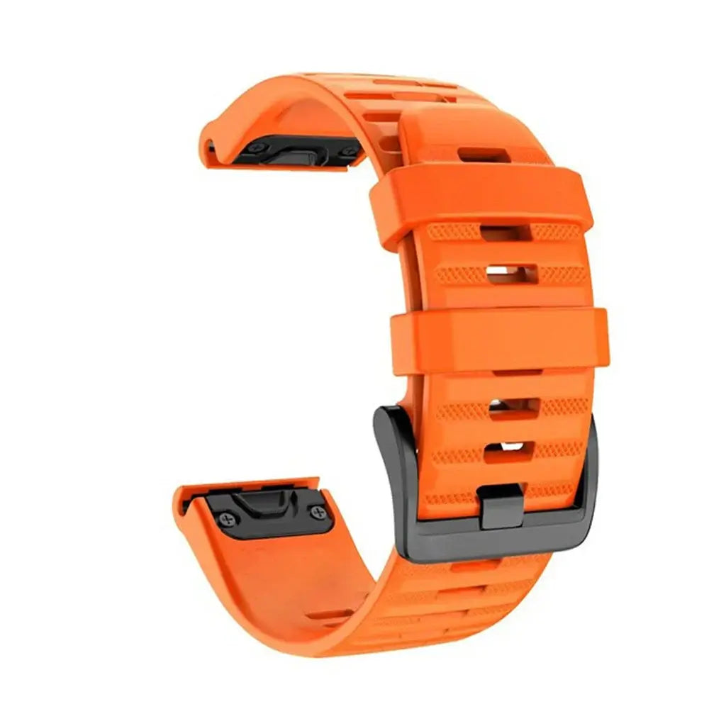 Garmin QuickFit Silicone Sport Band in Orange showing the buckle