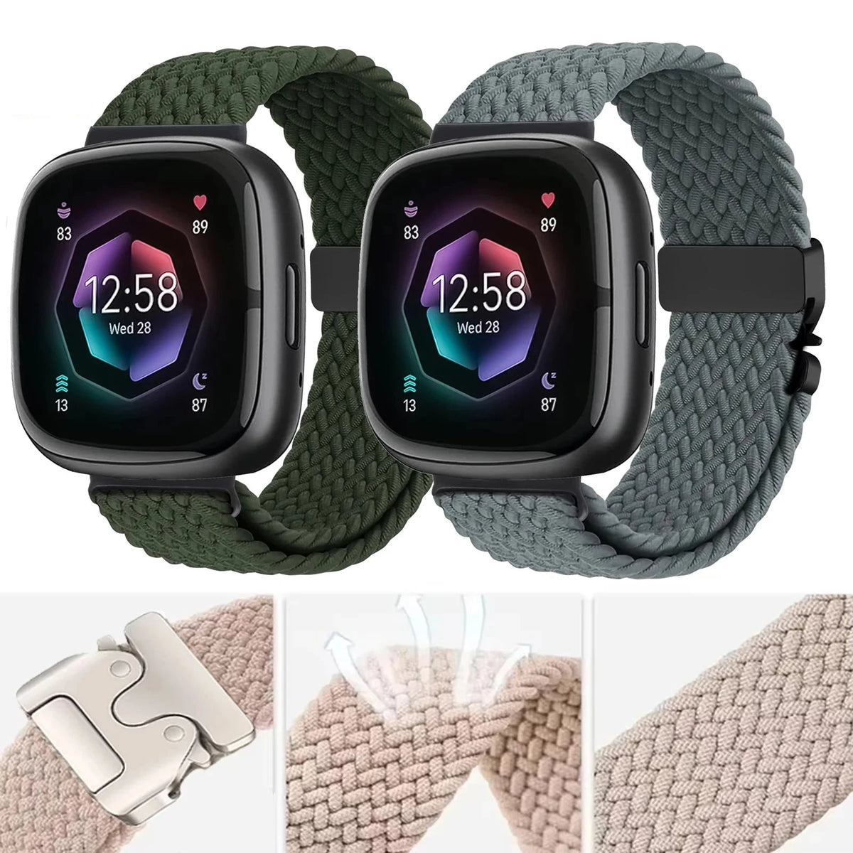 Fitbit Versa 4, Versa 3, Sense 2 and Sense Braided Band, Parachute Clip