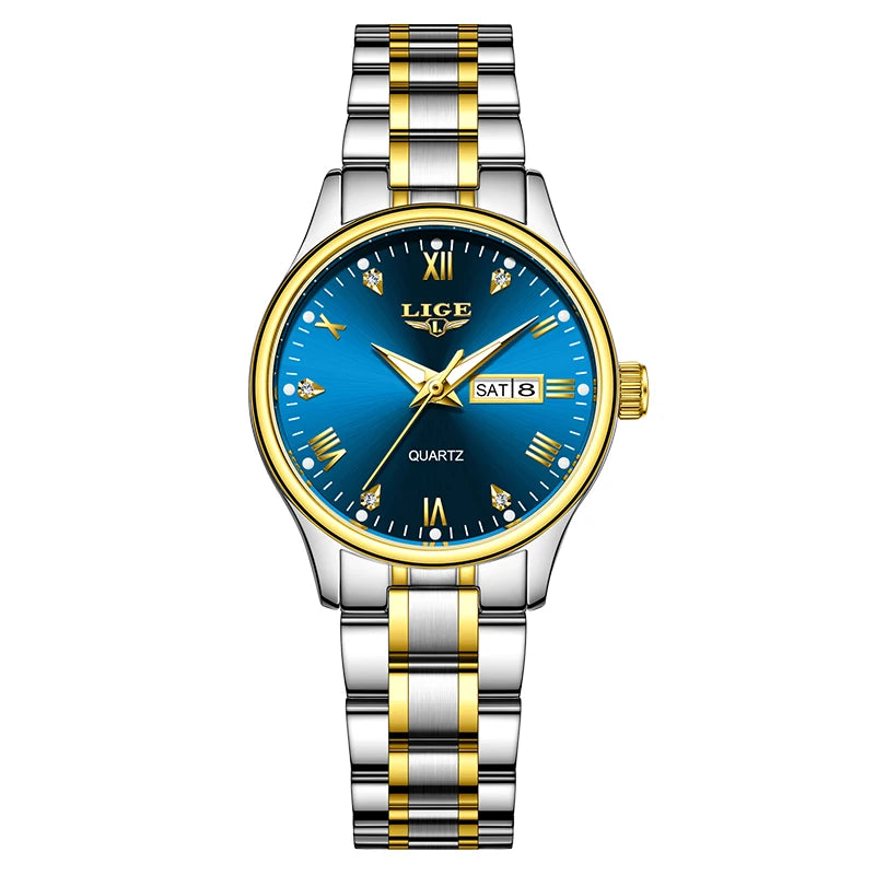 Women's 29mm Day-Date Quartz Bracelet Watch — Silver & Gold Tone / Blue Dial