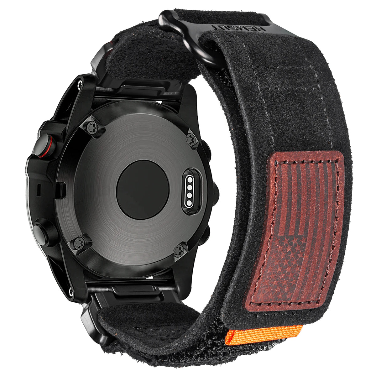 Garmin QuickFit Leather Loop Band with Orange Tab black leather loop with stitched patch shown on a watch