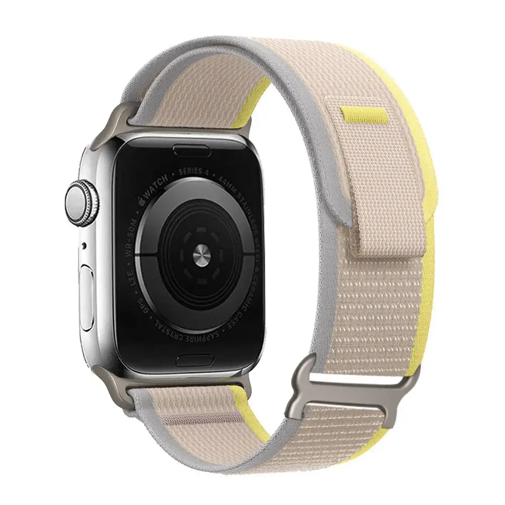 Beige / Yellow woven nylon Apple Watch band with pull tab