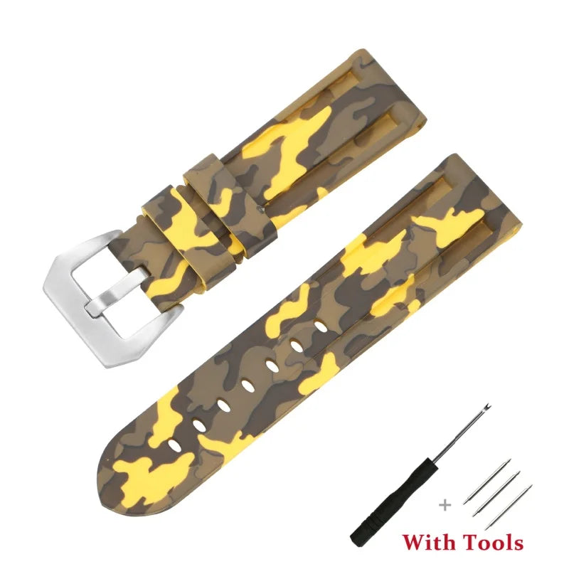 OnePlus Smartwatch Bands Silicone Sport Watch Strap Waterproof Bracelet in yellow camouflage design with tools for easy installation.