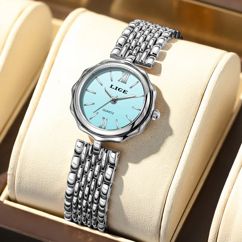 Women's Roman Dial Link Bracelet Quartz Watch — Silver Tone / Sky Blue Dial — BandsCo Straps