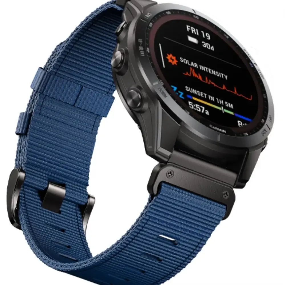Garmin QuickFit Tactical Nylon Band navy buckle strap shown on a watch