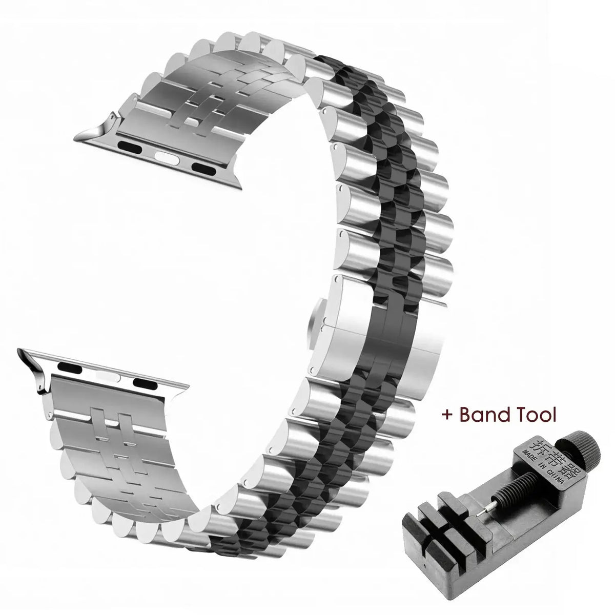 Silver / Rose Gold five-row stainless steel Apple Watch band with adjustment tool