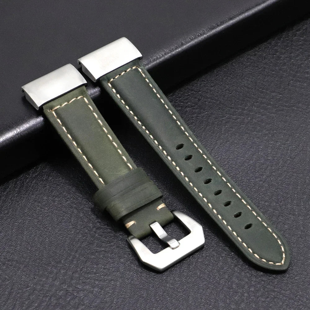 Garmin QuickFit Stitched Leather Buckle Band in Olive / Silver