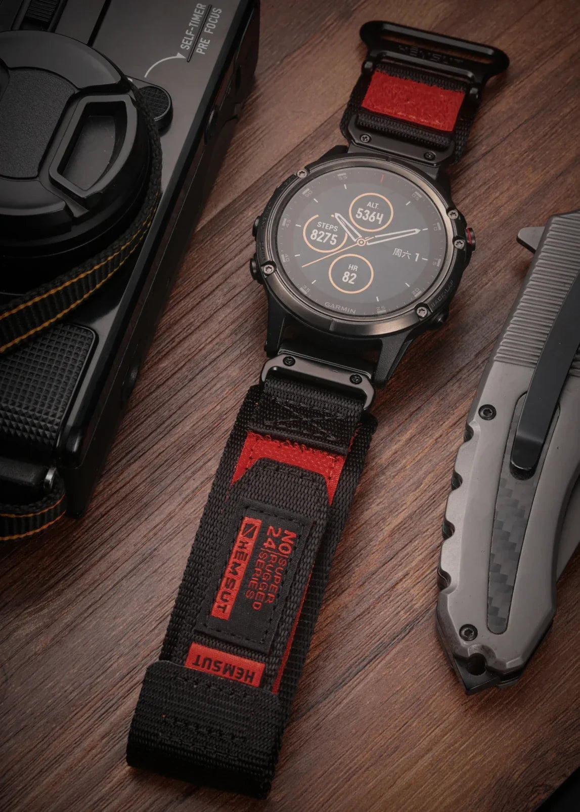 Garmin 26mm Nylon Band with Contrast Trim black and red nylon band shown on a watch