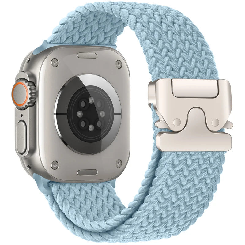 Light Blue braided nylon Apple Watch band with parachute-style buckle