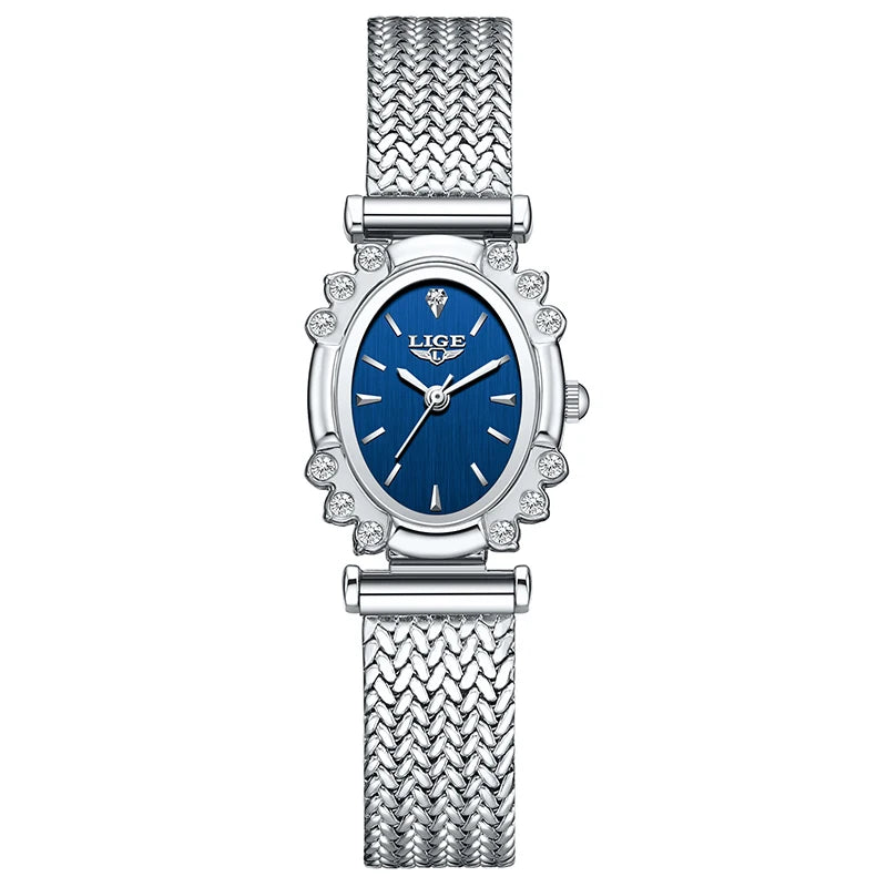 Women's Oval Crystal Bezel Mesh Watch — Silver Tone / Blue Dial — BandsCo Straps