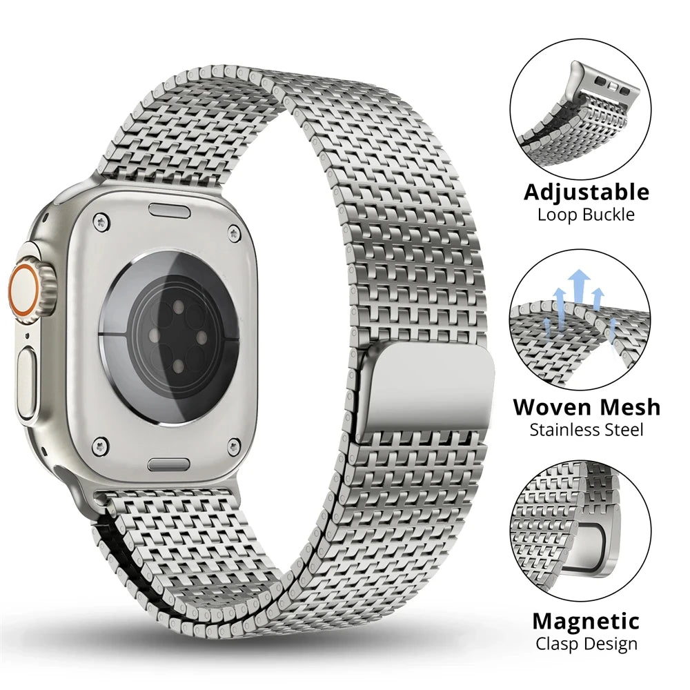 Close-up views of woven mesh and magnetic clasp for Apple Watch