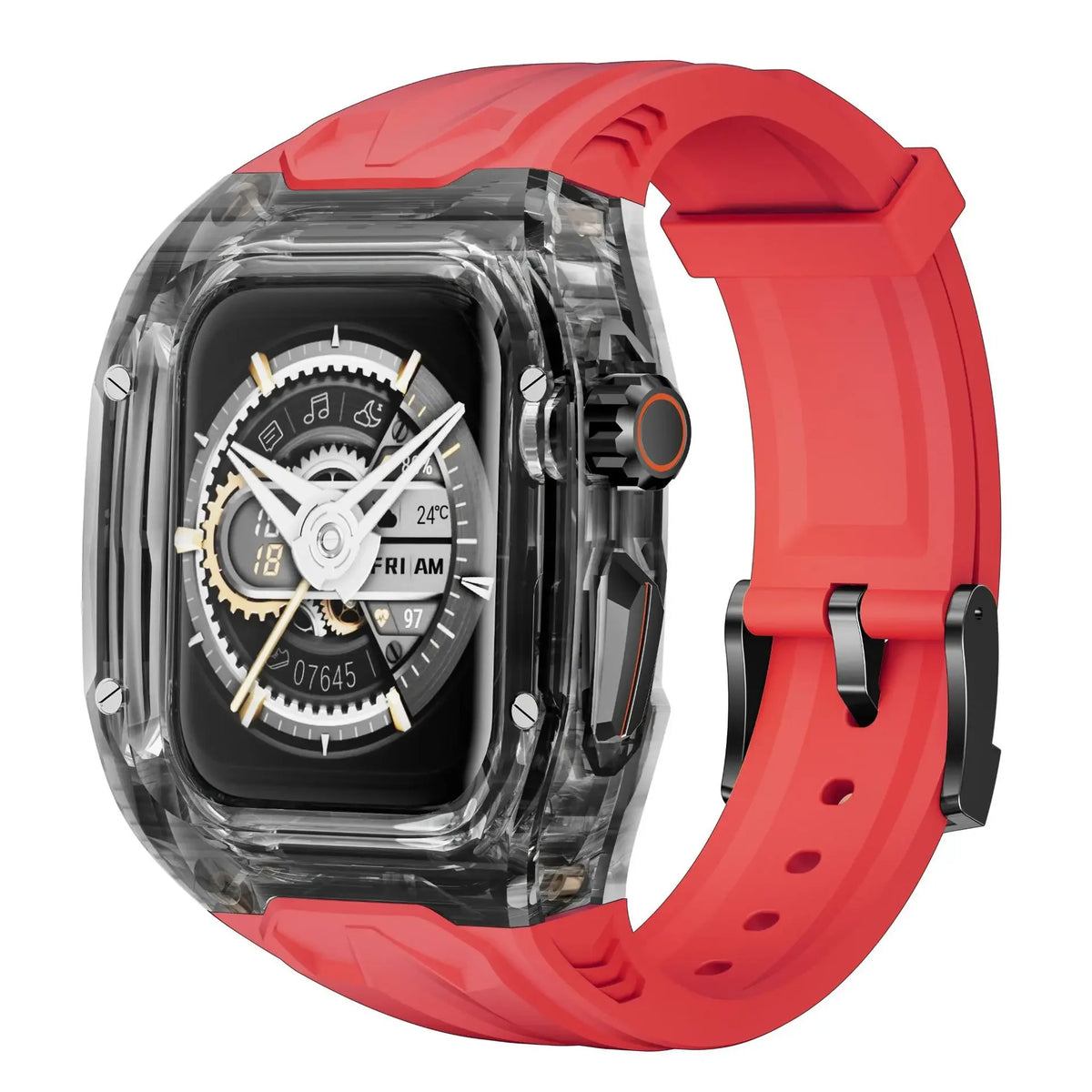 Rubber Apple Watch Band with Transparent Case in Smoke / Red