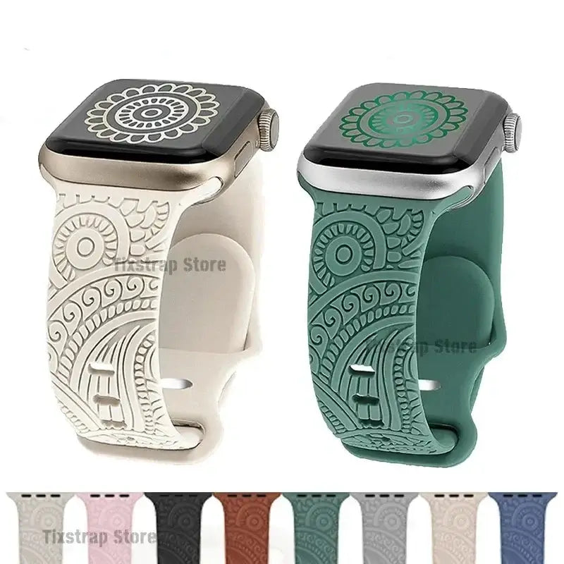 Ornamental engraved silicone Apple Watch bands with color preview strip