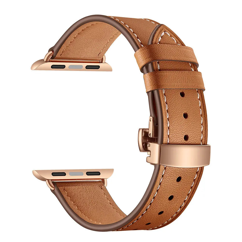 Contrast-Stitched Leather Apple Watch Band with Folding Clasp in Rose Gold / Tan