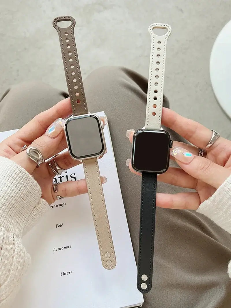 Two-tone slim leather Apple Watch bands with stitched edges
