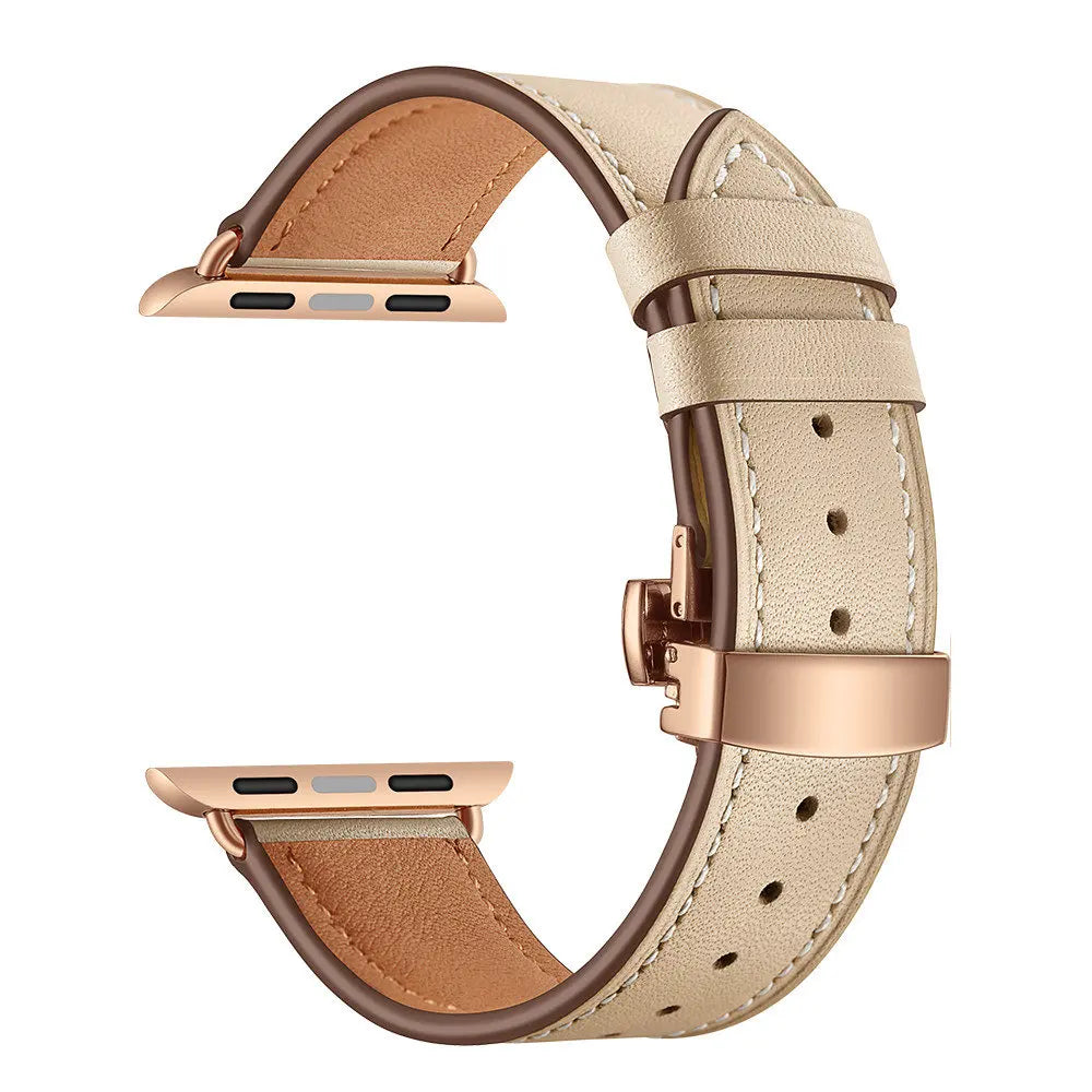 Contrast-Stitched Leather Apple Watch Band with Folding Clasp in Rose Gold / Sand