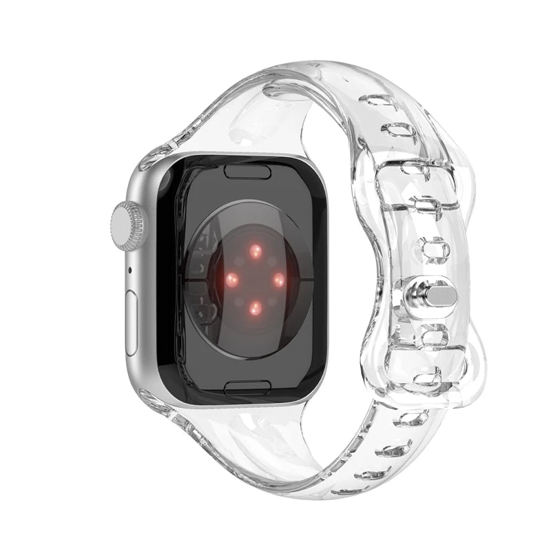 Rear view of clear rubber band and pin closure for Apple Watch
