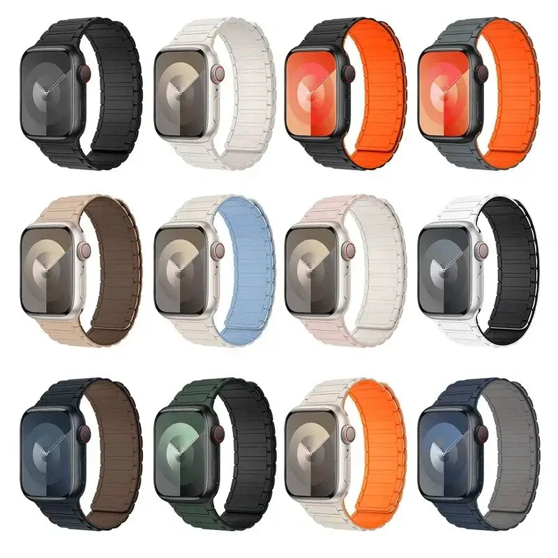 Solid and two-tone segmented silicone Apple Watch bands displayed together