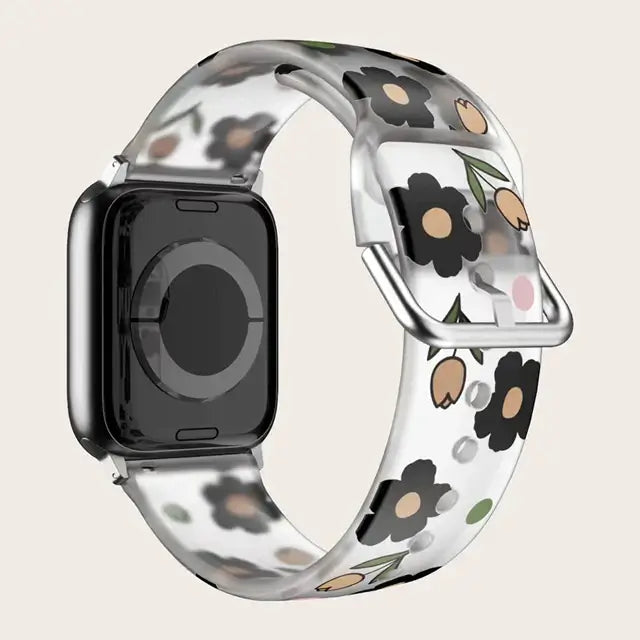 Black Daisy Apple Watch band with buckle and adjustment holes.