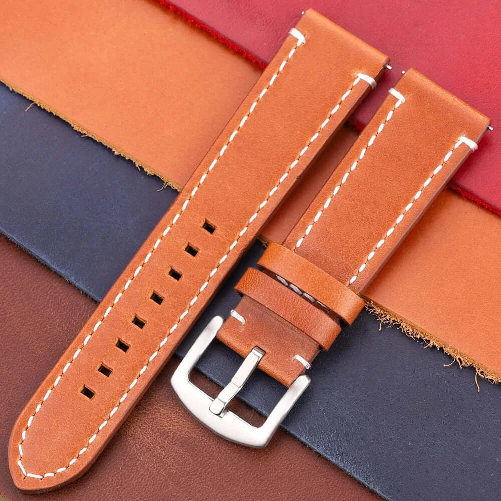 TicWatch Contrast-Stitched Leather Buckle Band - Cognac / Silver Buckle