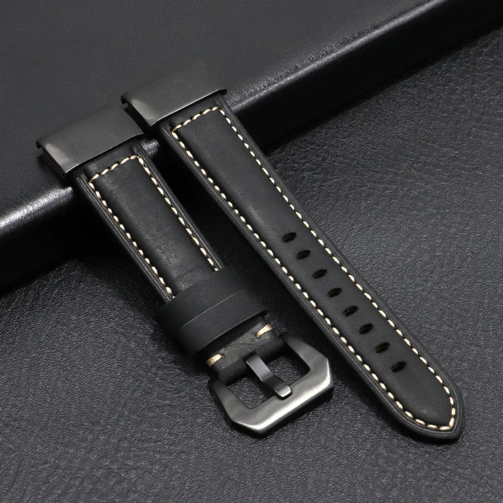 Garmin QuickFit Stitched Leather Buckle Band in Matte Black / Black