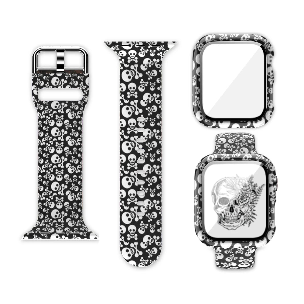 Black-and-white skull pattern band and case for Apple Watch