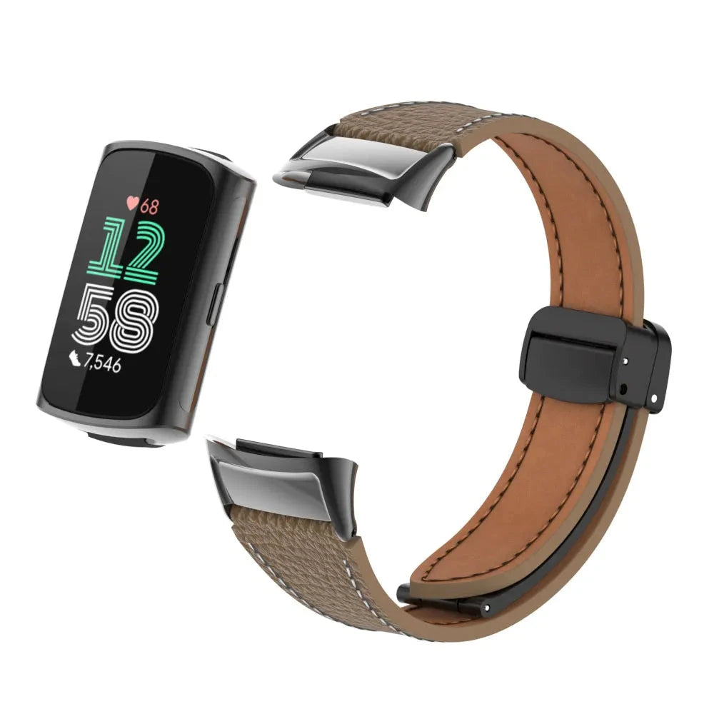 Dark Brown Fitbit Charge 5 and 6 Leather Band with Magnetic Folding Clasp