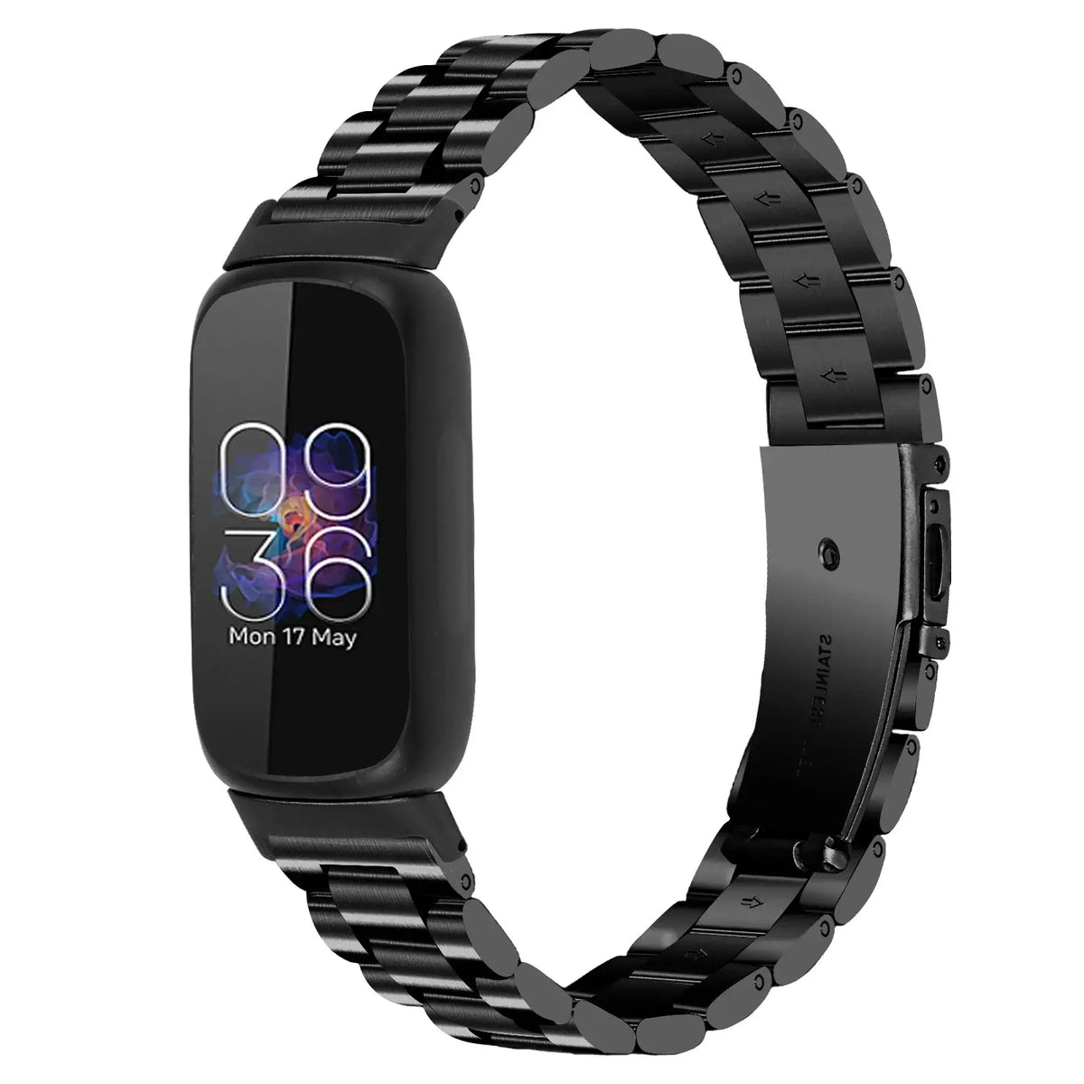 Fitbit Inspire 3 Stainless Steel Three-Link Band - Black bracelet front view