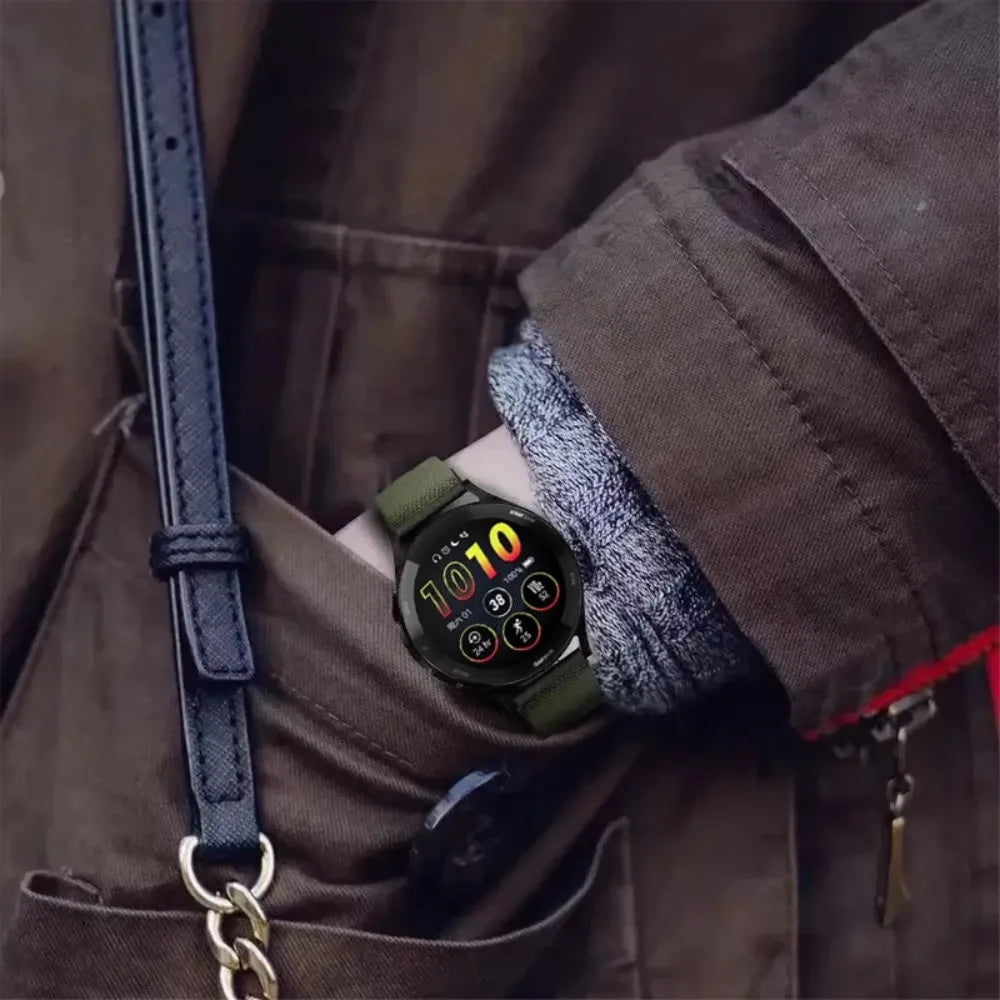 Polar Nylon Loop Band with Adjustable Slider — Olive green strap shown on wrist