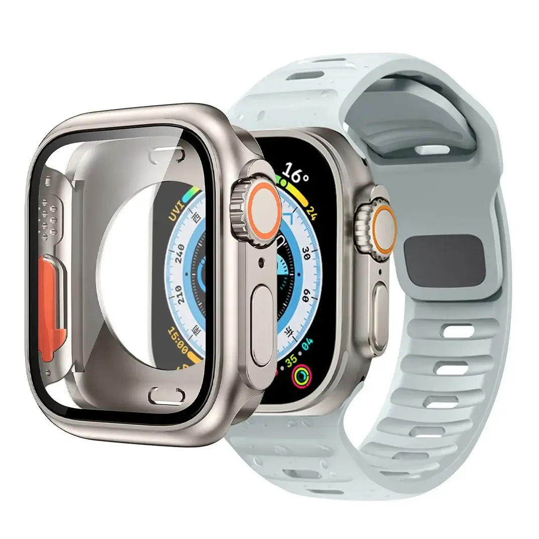 Ice Blue slotted silicone Apple Watch band with coordinating case