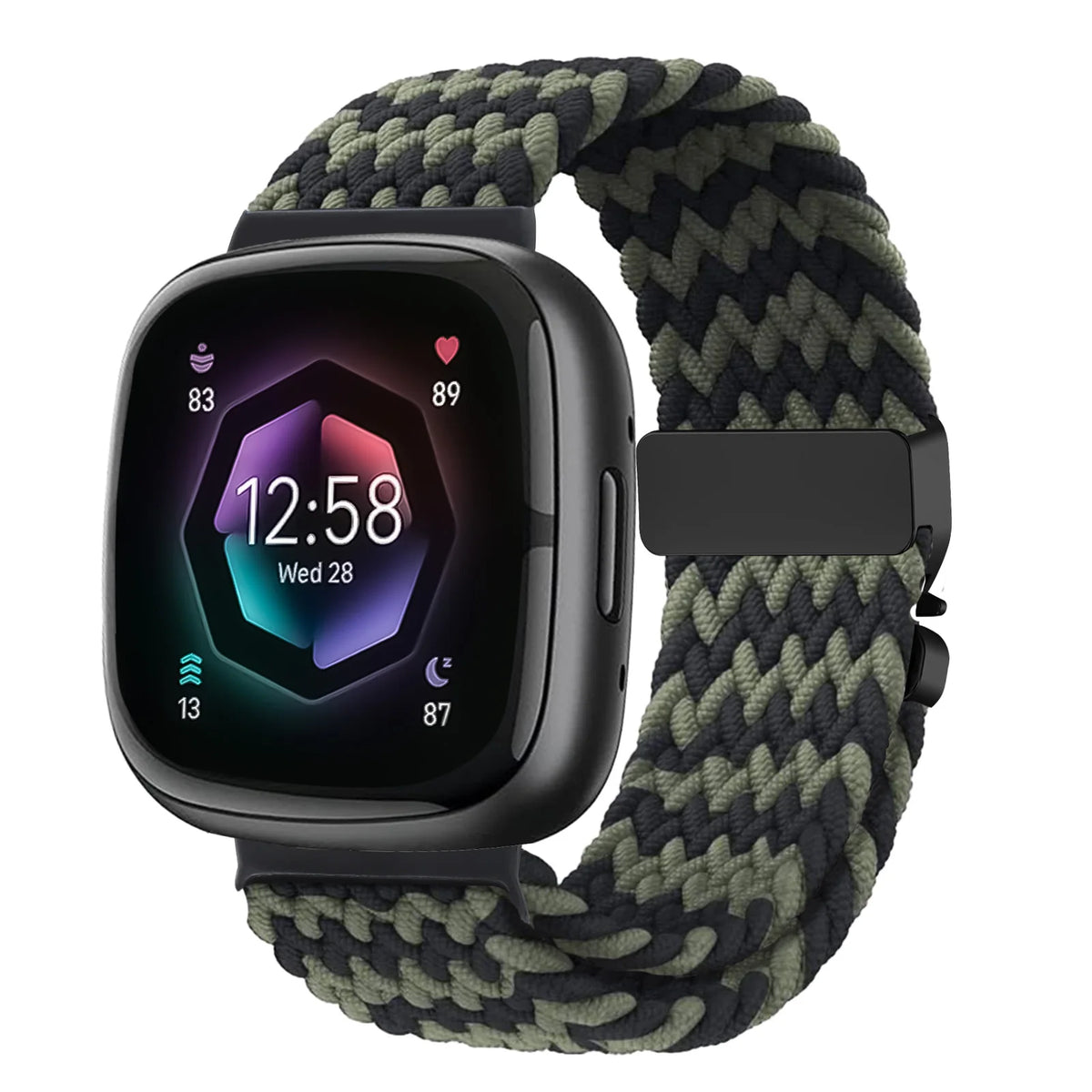 Black / Olive Fitbit Versa 4, Versa 3, Sense 2 and Sense Braided Band, Parachute Clip