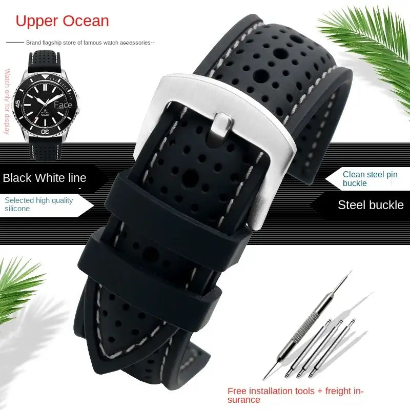 TicWatch Perforated Silicone Band with Stitching - Black / White Stitching / Silver Buckle