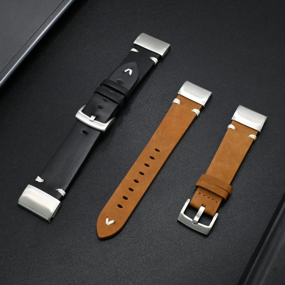 Garmin QuickFit Leather Band with Stitch Accents black and tan leather bands laid flat