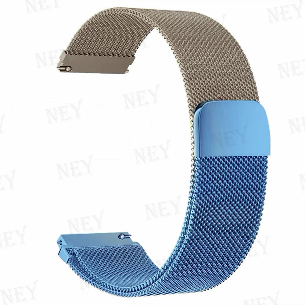 OnePlus Smartwatch Milanese Loop Band Magnetic Metal Bracelet Strap in two-tone blue and silver finish.