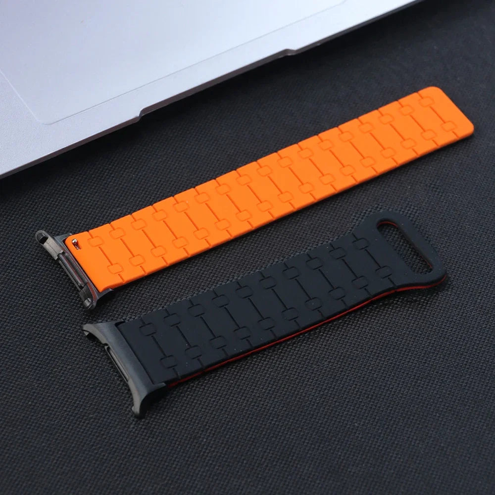 Samsung Galaxy Silicone Link Watch Band – Magnetic for Ultra/Ultra2/Watch8/Watch8 Classic/Watch9 in black and orange colors.