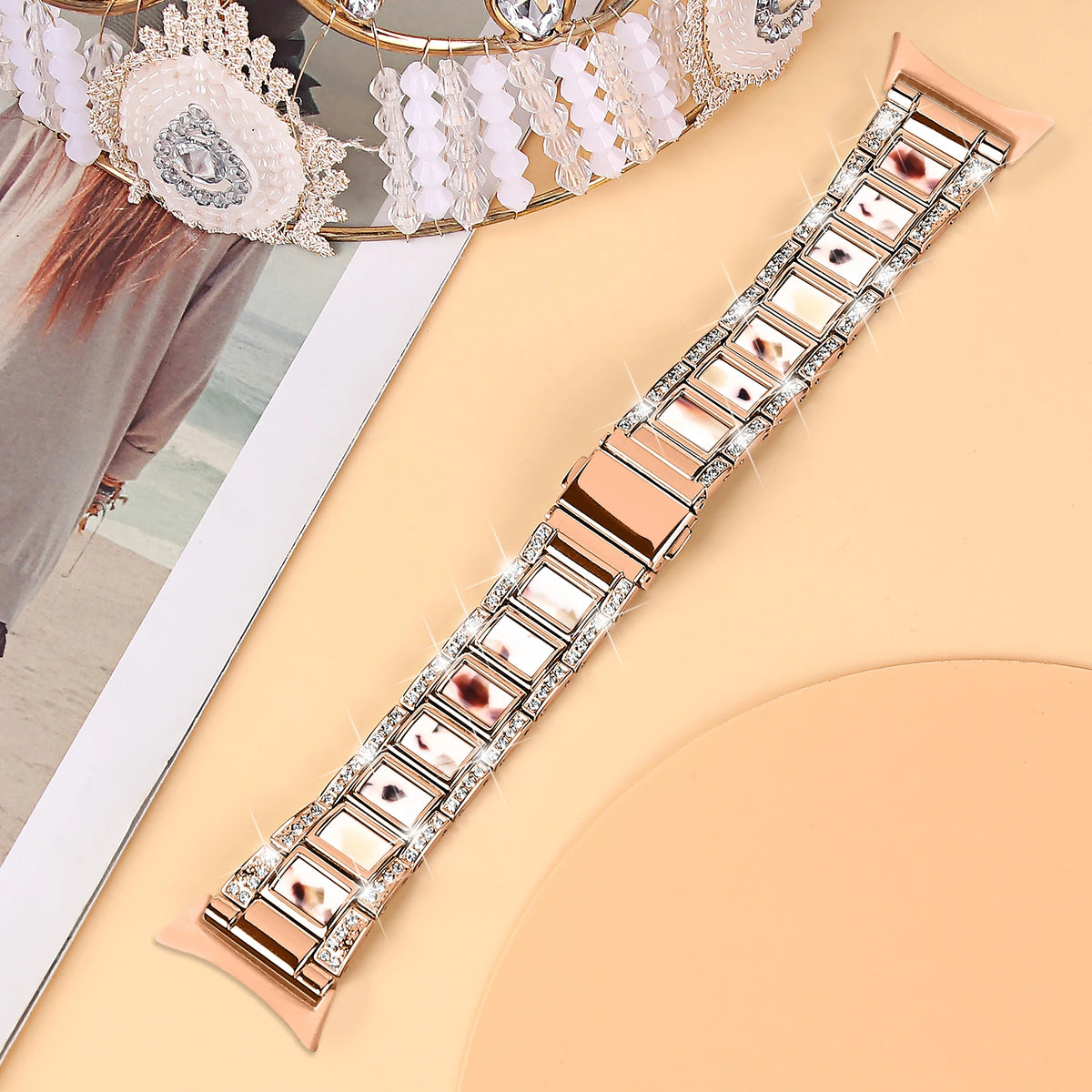 Rose Gold / Nougat Google Pixel Watch 5, 4 and 3 41mm Resin Inlay Link Bracelet Band
