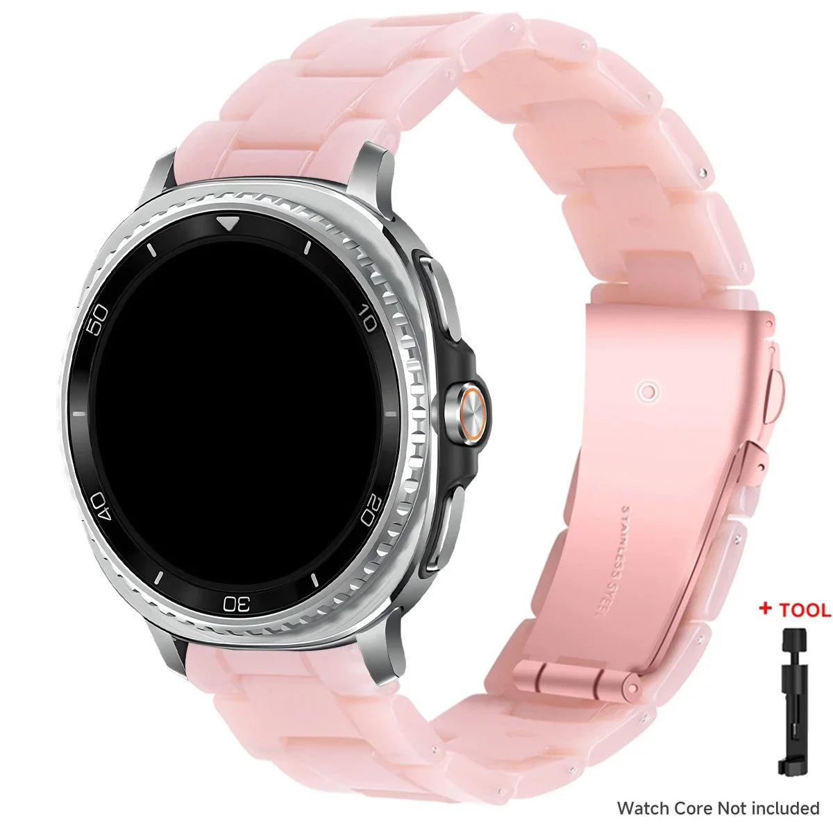 Samsung Galaxy Resin Link Watch Band - Tortoise Women Watch8/Watch8 Classic/Watch9 Ultra/Ultra2 in pink with stainless steel clasp.