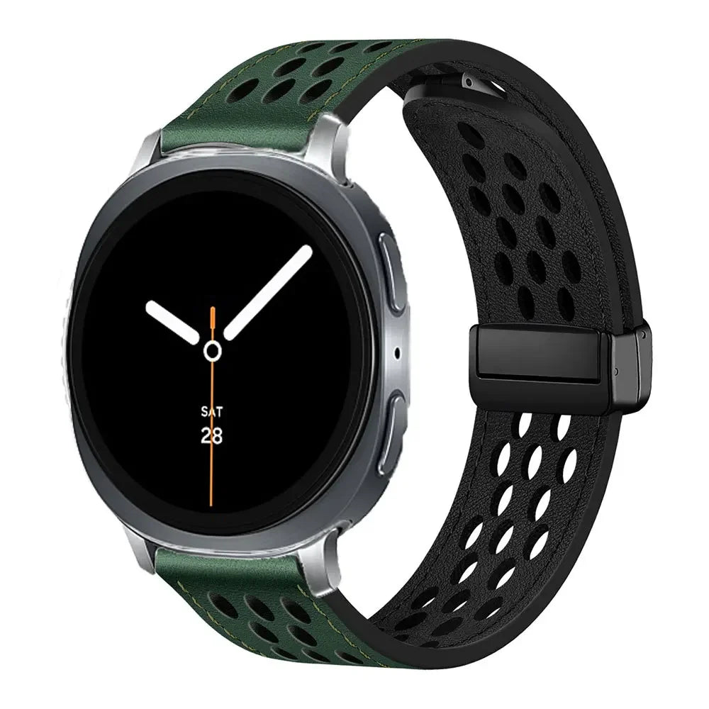 Samsung Galaxy Perforated Sport Watch Band - Magnetic 8/9/Ultra/Ultra2 in green leather with silver connector.