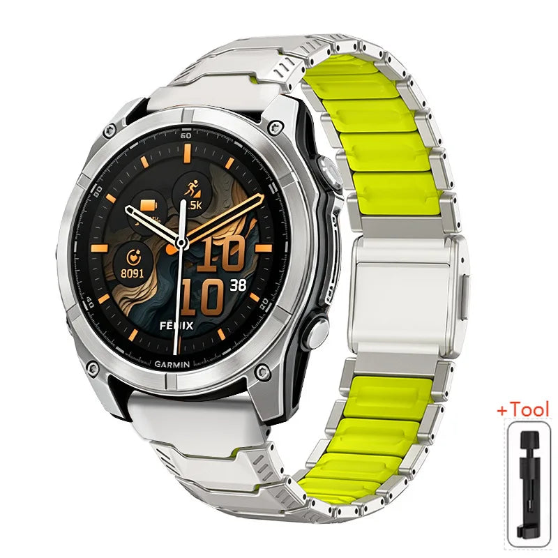 Silver / Lime Green Garmin QuickFit 22/26mm Two-Tone Metal Link Band with Magnetic Clasp