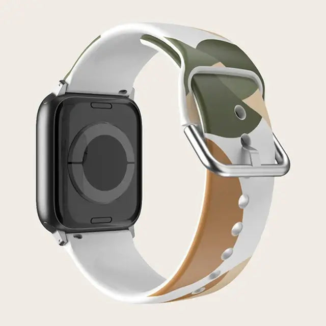 Olive / Tan Abstract Apple Watch band with buckle and adjustment holes.
