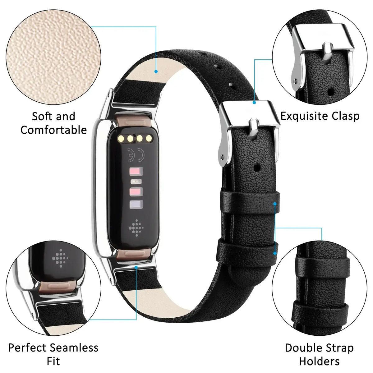 Fitbit Luxe Leather Band with Floral & Glitter Options - Leather texture, buckle and keeper details