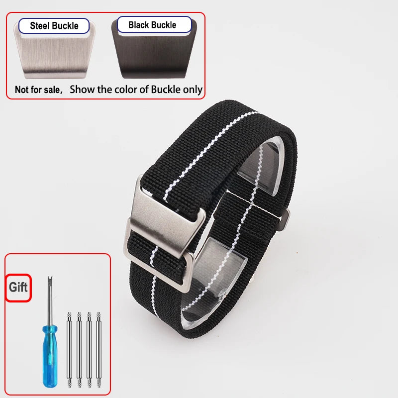 OnePlus Smartwatch Bands Nylon Elastic Parachute Fabric Watch Strap with silver and black buckles.