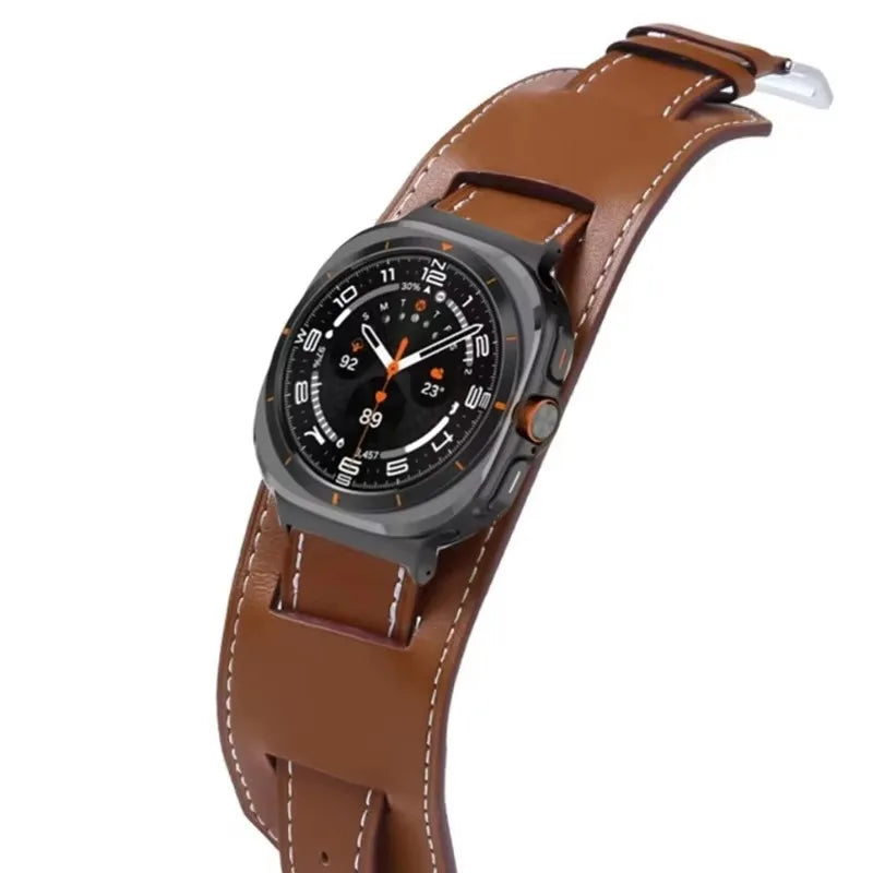 Samsung Galaxy Leather Watch Band - Watch8/Watch8 Classic/Watch9/Ultra/Ultra2 on a brown strap with black watch face.