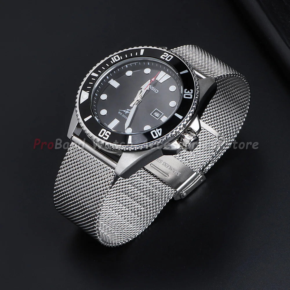 Garmin Milanese Mesh Sliding Clasp Band in silver on a dive watch