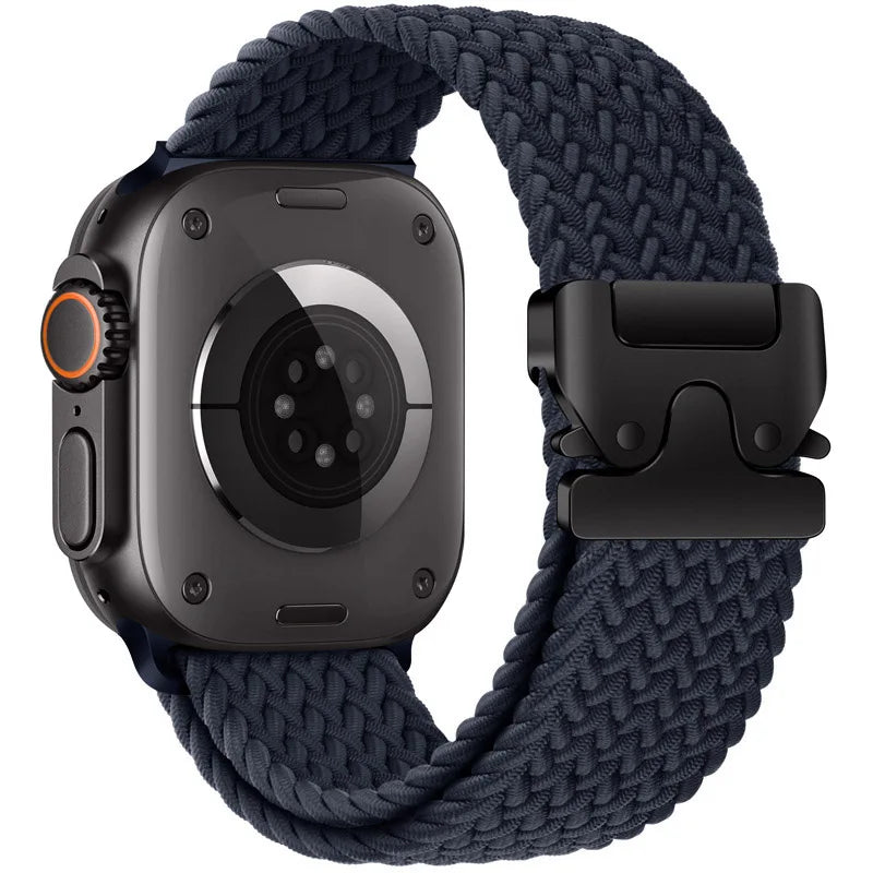 Midnight Blue braided nylon Apple Watch band with parachute-style buckle